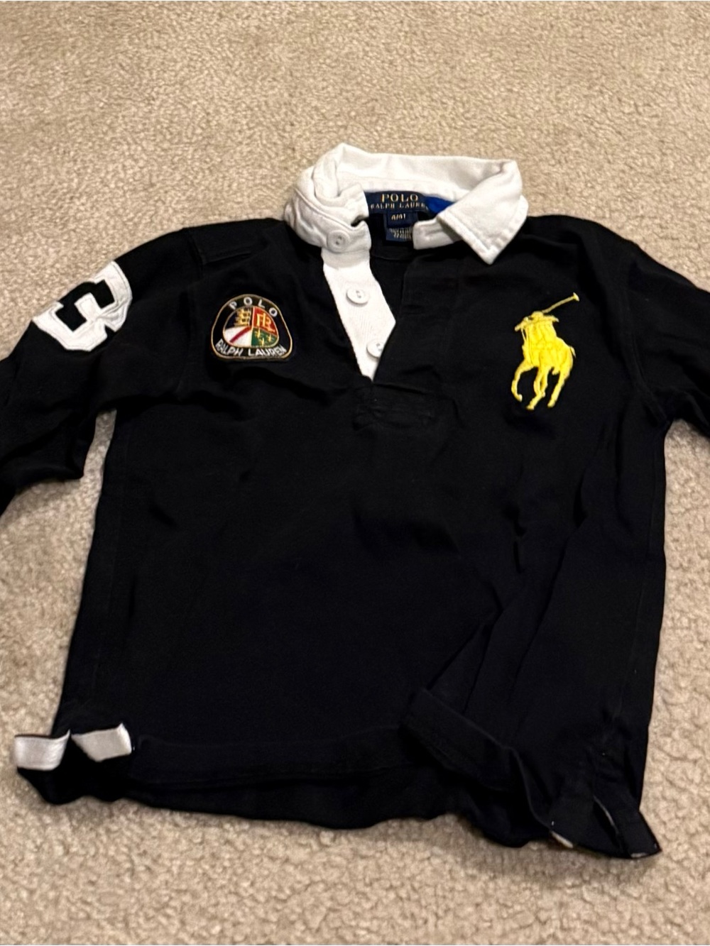 Polo by Ralph Lauren Black Rugby Shirt with White Collar and Yellow Pony
